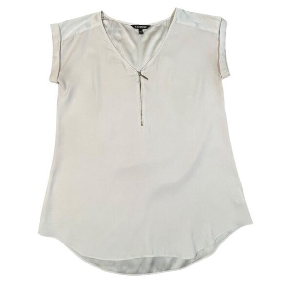 Express Beige Satin V-Neck Zippered Cuffed Sleeve Blouse SIZE-MEDIUM - Picture 1 of 7